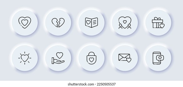 Love neomorphic line icons set. Voting, hand, lock, gift, speaker, mouthpiece, announcement, important information, events. communication concept. Vector neomorphic line icons set