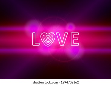 Love Neon Glowing Text. Valentine's Day  banner.  Vector illustration. Party invitation, poster, flyer, card, template.