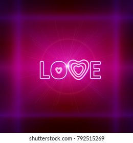 Love Neon Glowing Text.  Vector illustration. Party invitation, poster, flayer, card.