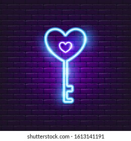 Love neon icon key with heart. Valentine's day concept. Symbol with love. Vector illustration of holidays. 