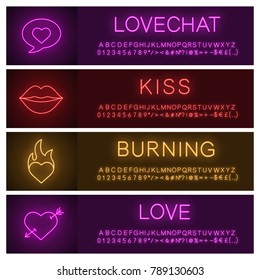 Love neon light banner templates set. Valentine's Day. Lovechat, kiss, passion, heart with Cupid's arrow. Website glowing menu items. Vector isolated illustrations