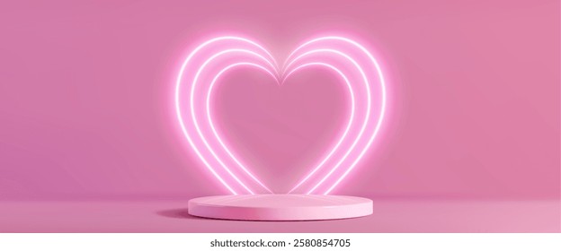 Love neon podium design with glowing pink heart shaped light tubes behind circular display platform. Romantic luminous stage on rose backdrop. Modern showcase setup for Valentine day presentation.