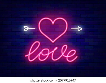 Love neon sign. Cupid arrow with heart. Shiny lettering. Happy Valentines Day. Outer glowing effect logo. Romantic holiday design on brick wall. Luminous text. Vector stock illustration