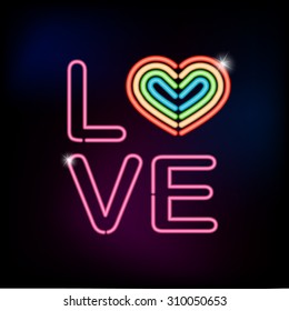 LOVE Neon Sign With Rainbow Heart Shape