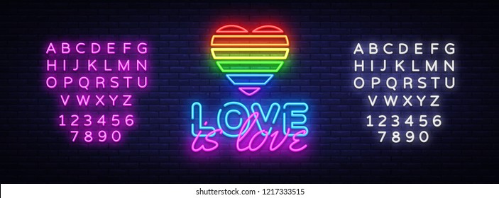 Love is Love neon text vector design template. LGBT neon logo, light banner design element colorful modern design trend, night bright advertising. Vector illustration. Editing text neon sign