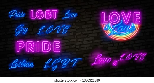 Love is Love neon text vector design template. LGBT neon logo, light banner design element colorful modern design trend, night bright advertising, bright sign. Vector illustration