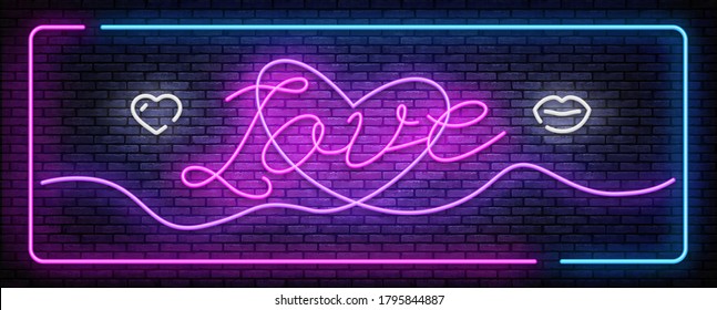 Vector de texto de amor neón. Señal de amor sobre neón, plantilla de diseño, diseño de tendencia moderna, cartel nocturno, publicidad nocturna brillante, banner luminoso, arte luminoso. Ilustración vectorial