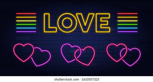 Love Neon Text Vector. Valentine neon sign, design template, modern trend design, night neon signboard, night bright advertising, light banner. Vector illustration.