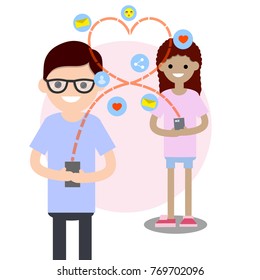 love the nerd guy and girl in pink clothes texting on a phone message. Online interaction with emoticons and icons communication - cartoon flat illustration