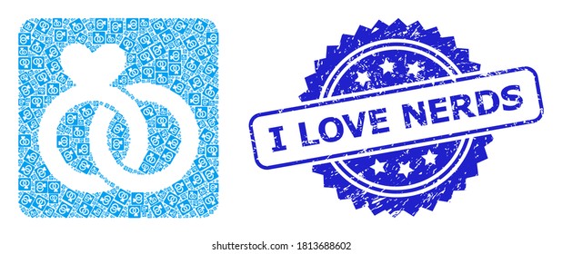 I Love Nerds grunge seal imitation and vector recursive mosaic wedding rings. Blue seal has I Love Nerds text inside rosette.