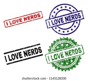 I LOVE NERDS seal prints with corroded style. Black, green,red,blue vector rubber prints of I LOVE NERDS label with corroded surface. Rubber seals with circle, rectangle, medal shapes.