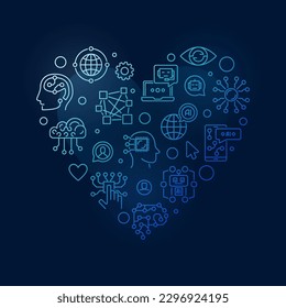 I Love Neural Network and AI Technology concept thin line heart shaped blue banner - vector Tech linear illustration on dark background