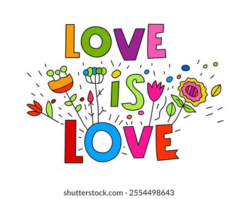 Love is love. Neurodivergent, homosexual, queer people concept. Neurodiversity of human minds and experiences. Colorful horizontal poster, banner. Vector illustration. Landscape background