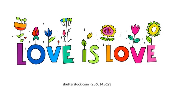 Love is love. Neurodivergent, homosexual, queer people concept. Neurodiversity of human minds and experiences. Colorful horizontal poster, banner. Vector illustration. Landscape background