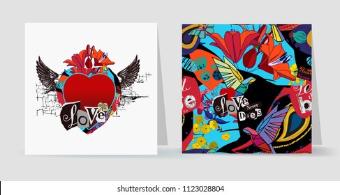 Love never dies. Collage of flowers, wings, newspaper clippings