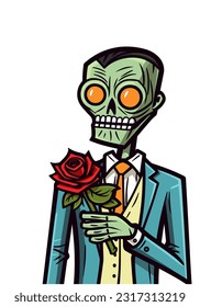 Love never dies in this unique illustration where romantic zombies embrace amidst a bed of blooming roses, a symbol of everlasting affection