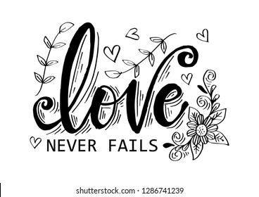 Love never fails hand lettering inscription. Motivational quote.