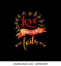 Love never fails inscription. Greeting card with calligraphy.