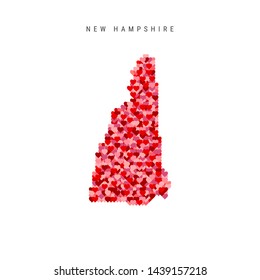 I Love New Hampshire. Red and Pink Hearts Pattern Vector Map of New Hampshire Isolated on White Background.