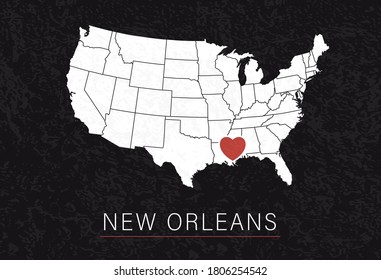 Love New Orleans Picture. Map of United States with Heart as City Point. Vector Stock Illustration