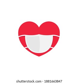 Love. New Valentines day sign. Red heart with medical mask. Heart with a protective mask for the COVID quarantine. Vector illustration
