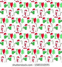 I Love New Year. Christmas vector design. Seamless pattern with green cacti, christmas trees, snowmen, traditional candy on a white background, artistic. Winter illustration.