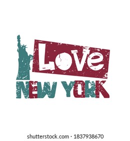  love new York. Vector illustration for t-shirts, travel brochures. Red and green color letters in grunge style