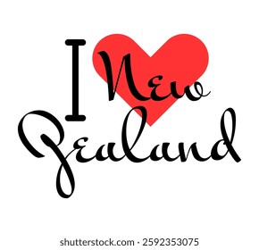 I love New Zealand. Hand drawn letters with red heart. Vector illustration, lettering in modern design for print t shirt, banner, poster, sticker or label.