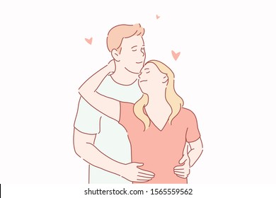 Love, newlyweds, family, sympathy concept. Young couple lover man and woman hugging, enjoying each other. Acquaintance of girl and guy, prelude of touch. Romantic satisfaction. Simple flat vector.