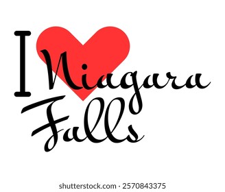 I love Niagara Falls, city of Canada. Hand drawn letters with red heart. Vector illustration lettering, modern design for print t shirt, banner, poster, sticker or label.