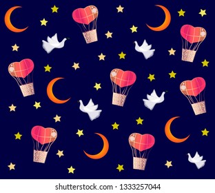 Love in the night. Moons. Doves of pease. Stars. Balloons. Background. Good Night pattern.