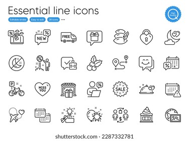 Love night, Smile face and Creative idea line icons. Collection of Travel loan, Discounts calendar, Journey icons. Buying process, Miss you, Honeymoon travel web elements. Ice cream. Vector