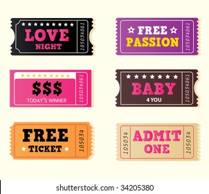 Love night tickets. Join crazy night party with collection of stylish retro tickets. Vector Illustration.