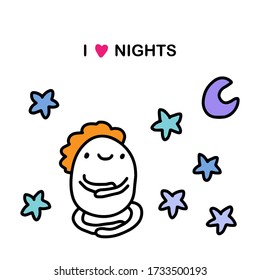 Me encantan las noches ilustraciones de vector dibujadas a mano en dibujos animados estilo doodle hombre arrojado por las estrellas y el sueño lunar