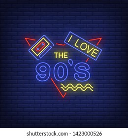I love nineties neon lettering with audio cassette. Party and entertainment design. Night bright neon sign, colorful billboard, light banner. Vector illustration in neon style.