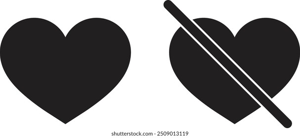 Love and no love symbols . Heart and no heart icons . Vector illustration