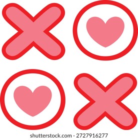 Amor y no amor Tic Tac Toe Iconos con corazones, ilustración romántica del símbolo del juego