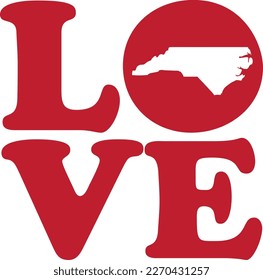 LOVE North Carolina State Red Outline Vector Graphic Illustration Isolated