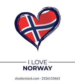 I Love Norway Banner with Flag in Heart (Eu Amo Bandeira da Noruega com a Bandeira no Coração). Reino Unido amor Emblem isolado no fundo branco. Vetor, Ilustração, Isolado, Amor, Plano de Fundo.