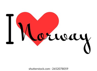 Eu amo a Noruega. Cartas desenhadas à mão com coração vermelho. Ilustração vetorial, letras em design moderno para imprimir camiseta, banner, cartaz, adesivo ou rótulo.