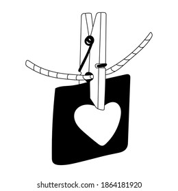 Love note decorated with heart with a clothespin on a rope. Valentine's day decoration. Vector doodle  illustration for posters and greeting cards design isolated on white. Black outline. 