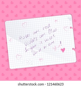 Love Note With A Handwritten Poem Written On A Sheet Of Paper. Vector Illustration.