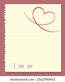 Love note, sheet of grid paper with handwriting words and big pink heart