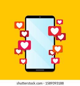 love notifications on social networks. the phone is ringing with SMS, I love you. valentines day concept. Bright illustration for social networks and instagram. flat vector