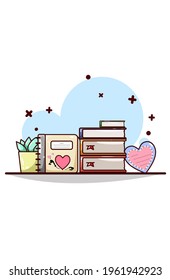 Love novels, diary books and valentines day greeting cards cartoon illustration