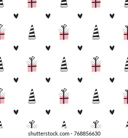 With love - nursery birthday seamless pattern with penguin and lettering in scandinavian style. Monochrome vector illustration.