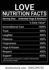 Love nutrition facts, nutrition facts label,  Love label Nutrition facts. Design Illustration on Black background.