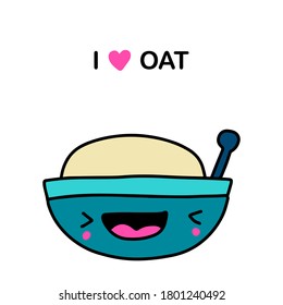 Me encanta la ilustración vectorial de avena dibujada a mano en el estilo cómico de dibujos animados.  desayuno en bowl sonriente expresivamente