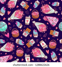 Love objects on Romantic violet background. Happy Valentine's Day. Objects with hearts