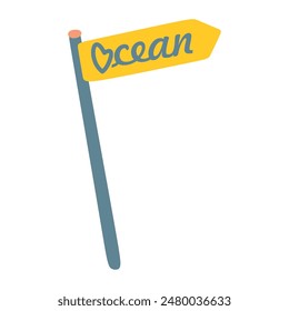 Love Ocean lettering Vector design. Hand drawn Flat Sign with Handwritten text. Cartoon Road tourist poster Illustration isolated on White. Vacation Concept. Design Object for Print, Ads, Sticker
